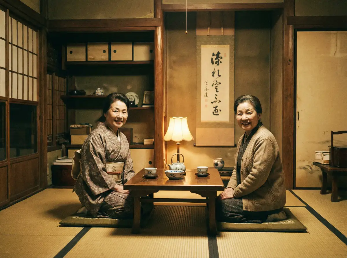 两位优雅的 FH体育 在日式茶室中品茶交谈